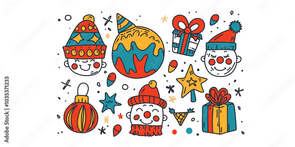 Naklejka premium Set of festive clowns with gifts and Christmas balls in cartoon illustration