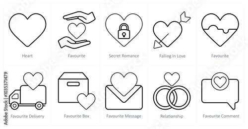A set of 10 mix icons as heart, favorite, secret romance