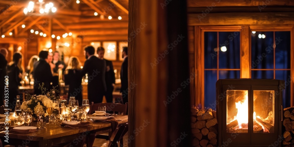 A cozy winter wedding reception inside a rustic cabin, with a roaring fire, twinkling lights, and guests toasting the happy couple. A cozy winter wedding reception inside a rustic cabin, with a roaring fire, twinkling lights, and guests toasting the happy couple.