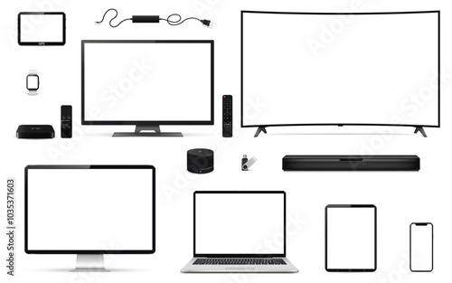 Digital devices set include tv, computer, laptop, tablet, smartphone, and more gadgets