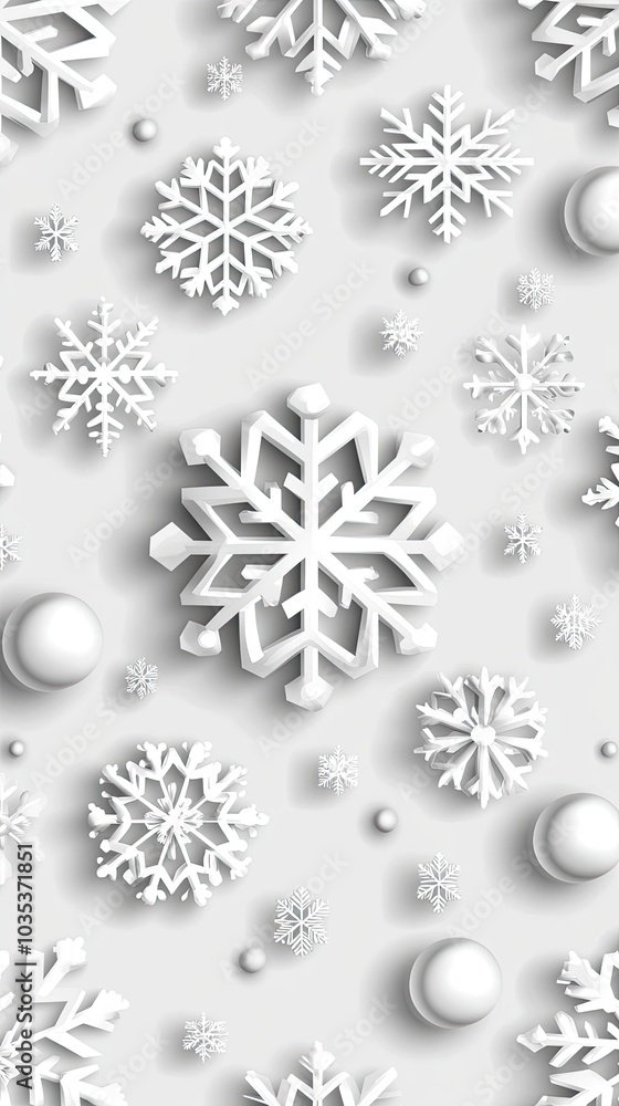 A minimalistic design features large white snowflakes against a shimmering light gray background, perfect for holiday decorations A minimalistic design features large white snowflakes against a shimmering light gray background, perfect for holiday decorations