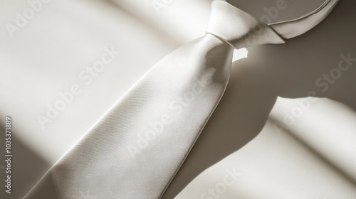 white necktie hanging from a polished wooden hanger against a bright white background.