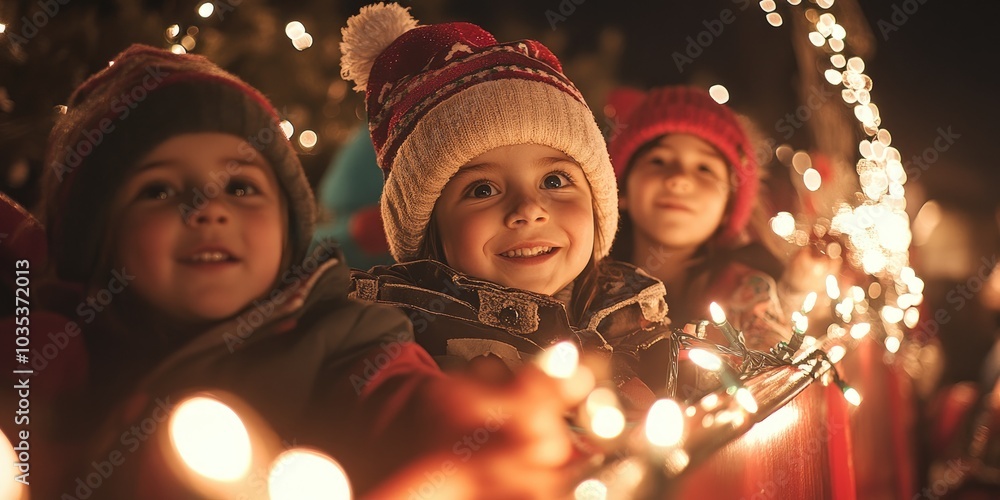 A neighborhood holiday parade with children, families, and floats covered in festive lights and decorations, celebrating the holiday spirit. A neighborhood holiday parade with children, families, and floats covered in festive lights and decorations, celebrating the holiday spirit.