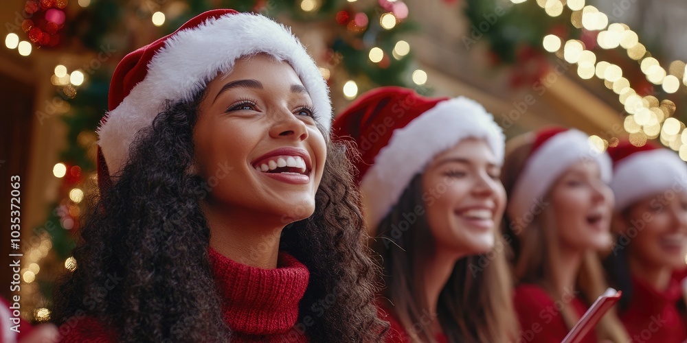 A smiling group of friends singing Christmas carols in front of a beautifully decorated house, spreading joy and holiday cheer. A smiling group of friends singing Christmas carols in front of a beautifully decorated house, spreading joy and holiday cheer.