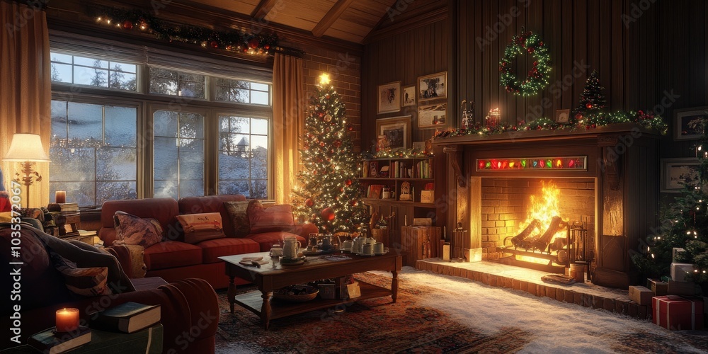 A cozy living room with a family gathered around the fireplace, drinking hot cocoa and sharing stories, capturing the essence of holiday spirit. A cozy living room with a family gathered around the fireplace, drinking hot cocoa and sharing stories, capturing the essence of holiday spirit.