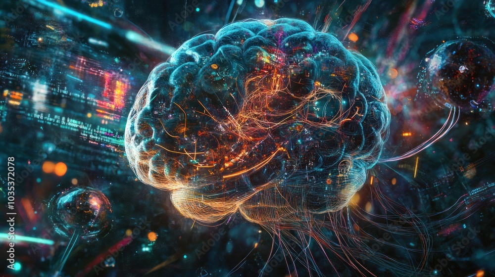 artistic representation of a brain merging with robotic elements, artistic representation of a brain merging with robotic elements,