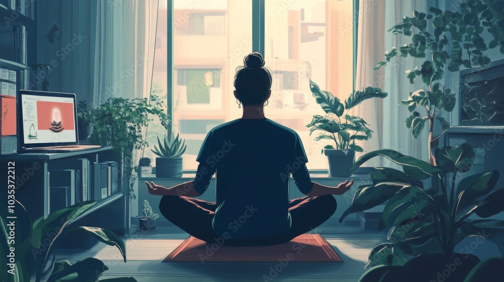 Woman meditating with a view of a city outside a window Woman meditating with a view of a city outside a window