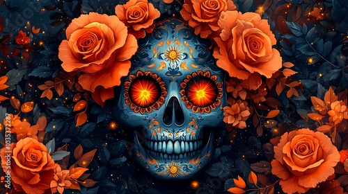 skull featuring bright orange flowers set against a dramatic black backdrop.