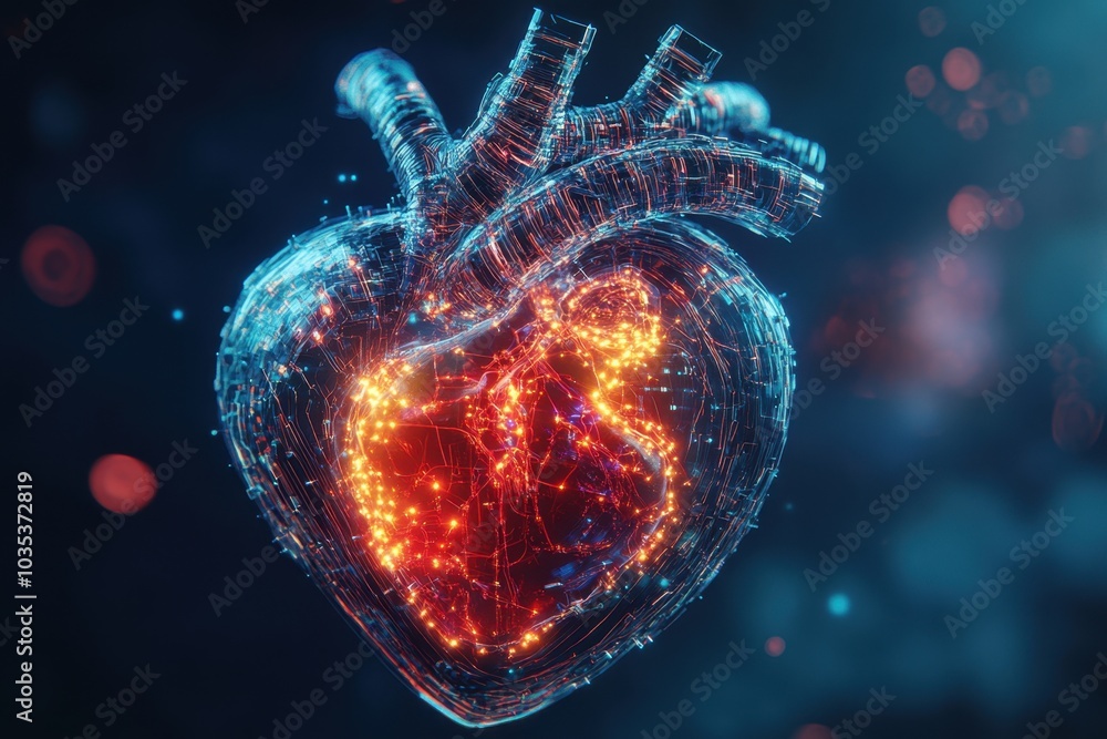 Fototapeta premium A detailed 3D illustration of a human heart wrapped in glowing circuitry, symbolizing the fusion of biology and technology, artificial organs, and futuristic medicine