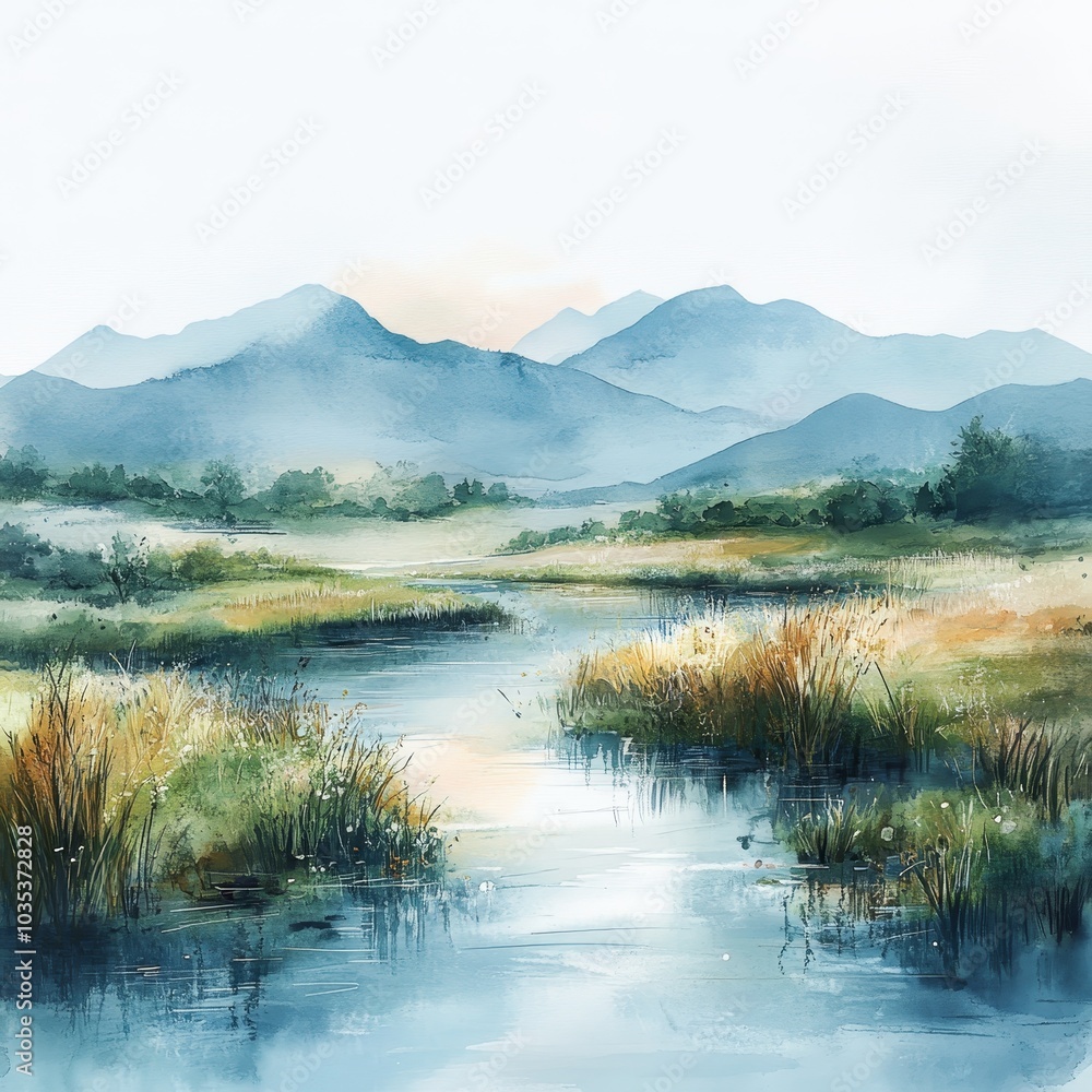 Mountain landscape with a serene river flowing through a grassy valley, surrounded by distant pine trees and rocky boulders, under a soft, pastel sky Mountain landscape with a serene river flowing through a grassy valley, surrounded by distant pine trees and rocky boulders, under a soft, pastel sky