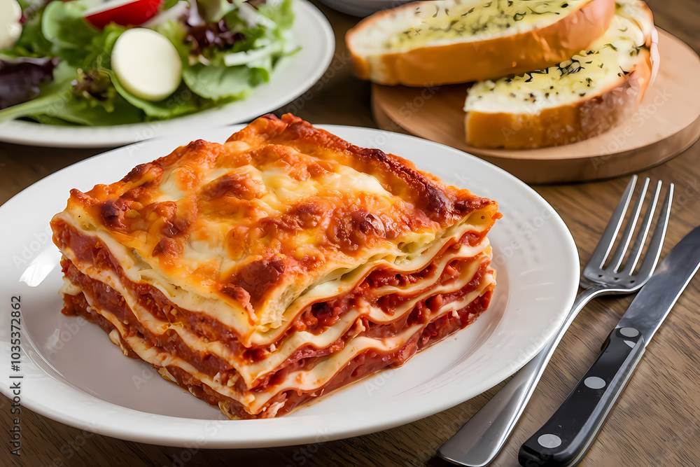 Delicious layers of homemade lasagna served with fresh salad and garlic bread on a wooden table. Perfect comfort food! Delicious layers of homemade lasagna served with fresh salad and garlic bread on a wooden table. Perfect comfort food!