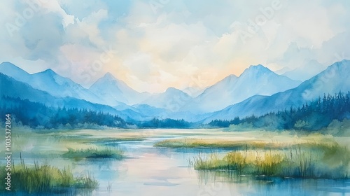 Mountain landscape with a serene river flowing through a grassy valley, surrounded by distant pine trees and rocky boulders, under a soft, pastel sky