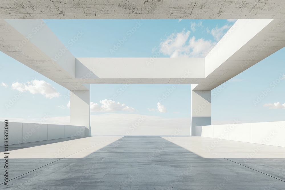 3D render of a modern abstract geometric shapes futuristic architecture with a car park, and empty concrete floor on a blue sky background. Modern white abstract for product presentation, or display 3D render of a modern abstract geometric shapes futuristic architecture with a car park, and empty concrete floor on a blue sky background. Modern white abstract for product presentation, or display