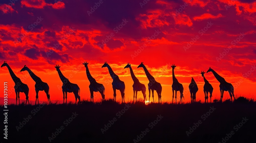evocative photograph showcasing a herd of giraffes against the backdrop of a breathtaking sunset. evocative photograph showcasing a herd of giraffes against the backdrop of a breathtaking sunset.