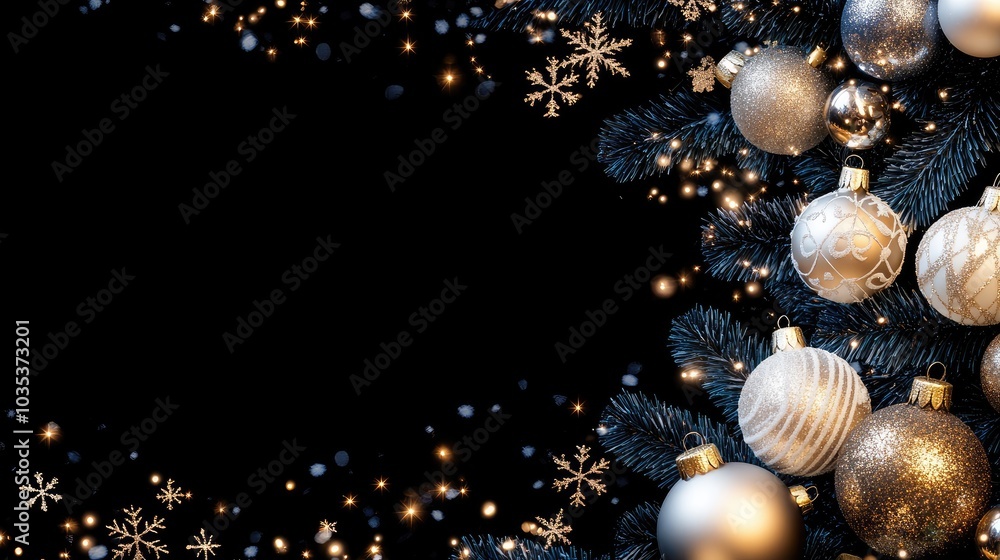 A festive arrangement of dark blue spruce branches and sparkling Christmas ornaments rests on a black backdrop, perfect for mobile use A festive arrangement of dark blue spruce branches and sparkling Christmas ornaments rests on a black backdrop, perfect for mobile use