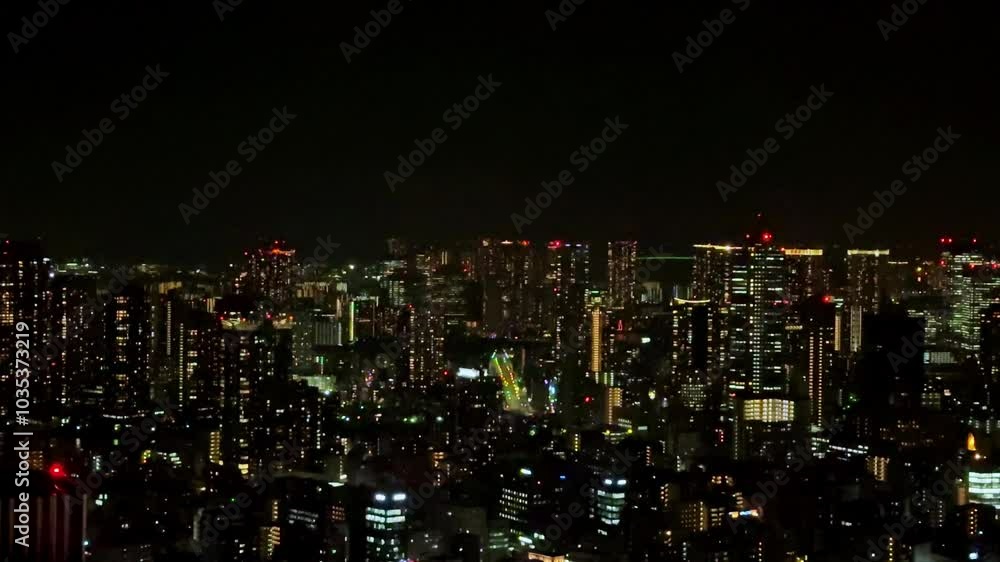 Rooftop garden in Tokyo with modern buildings in the background, rainy day view