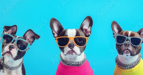 A group of cute Boston Terrier dogs wearing colorful and accessories, dressed as cool hip-hop rappers. photo