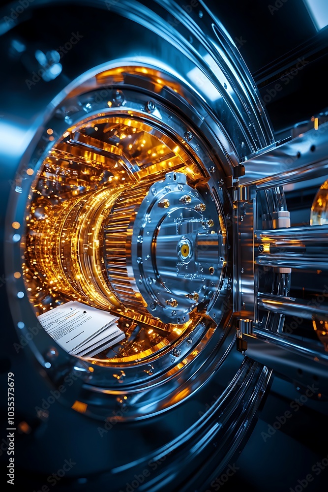 Intricate close-up of a futuristic metallic vault featuring glowing components. The design reflects advanced technology and a blend of industrial aesthetics. Intricate close-up of a futuristic metallic vault featuring glowing components. The design reflects advanced technology and a blend of industrial aesthetics.