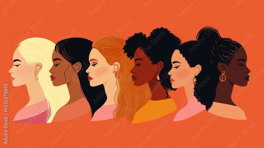 Flat illustration showing a group of diverse women, representing various skin tones and ethnicities, focus on diversity and unity Flat illustration showing a group of diverse women, representing various skin tones and ethnicities, focus on diversity and unity