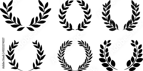 Foto Set of black silhouette circular laurel foliate icons
