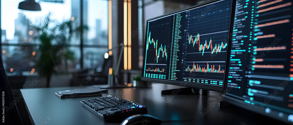 Futuristic Business & Stock Investment Visuals: High-Tech, Neon-Lit Financial Concepts with Modern Urban Backdrops Futuristic Business & Stock Investment Visuals: High-Tech, Neon-Lit Financial Concepts with Modern Urban Backdrops