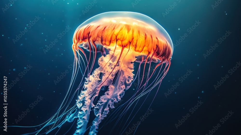 High-definition shot of a jellyfish glowing in the depths of the ocean, focus on its ethereal body as it moves through the water High-definition shot of a jellyfish glowing in the depths of the ocean, focus on its ethereal body as it moves through the water