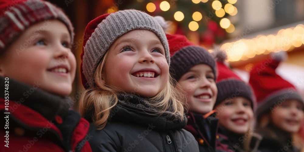 A group of children watching a Christmas parade, with wide smiles and excitement, as holiday floats pass by. A group of children watching a Christmas parade, with wide smiles and excitement, as holiday floats pass by.
