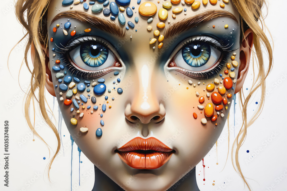Young woman posing with colorful makeup and stones on her face Young woman posing with colorful makeup and stones on her face