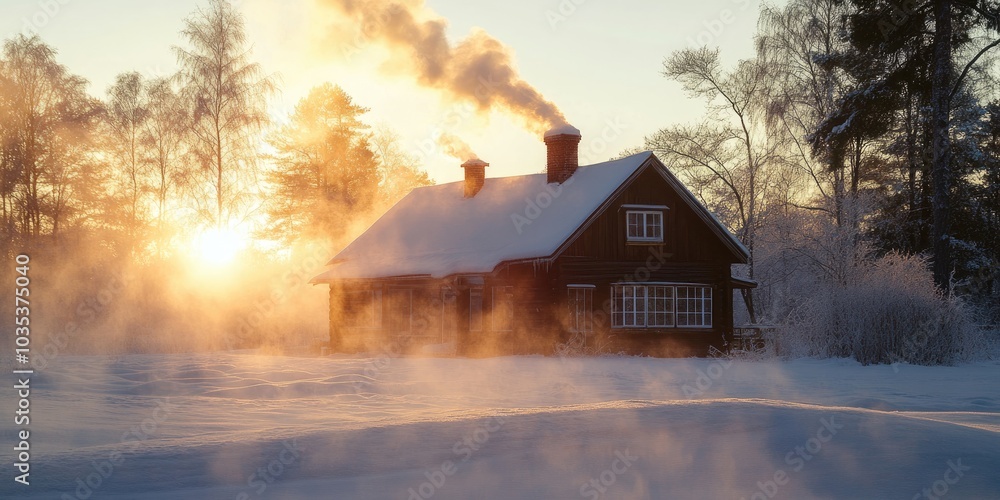 A cozy house with frost-covered windows, smoke rising from the chimney, and the early morning light shining through. A cozy house with frost-covered windows, smoke rising from the chimney, and the early morning light shining through.