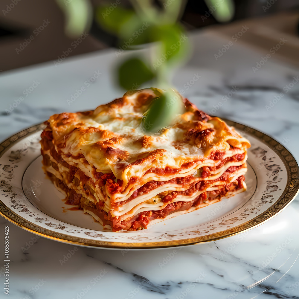 Delicious homemade lasagna layered with cheese and rich meat sauce, served on an elegant plate against a marble backdrop. Delicious homemade lasagna layered with cheese and rich meat sauce, served on an elegant plate against a marble backdrop.
