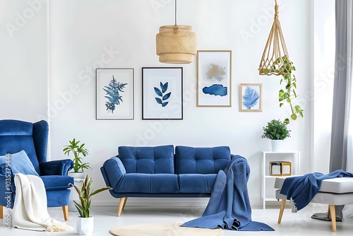 This minimalist Scandinavian living room features blue seating, artistic prints, and a cozy blanket, all illuminated by a wooden pendant light
