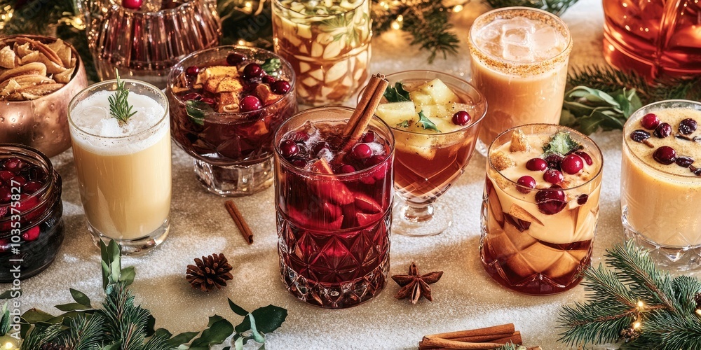 A table full of festive drinks including mulled wine, eggnog, and holiday punch, with garnishes like cinnamon sticks and cranberries. A table full of festive drinks including mulled wine, eggnog, and holiday punch, with garnishes like cinnamon sticks and cranberries.