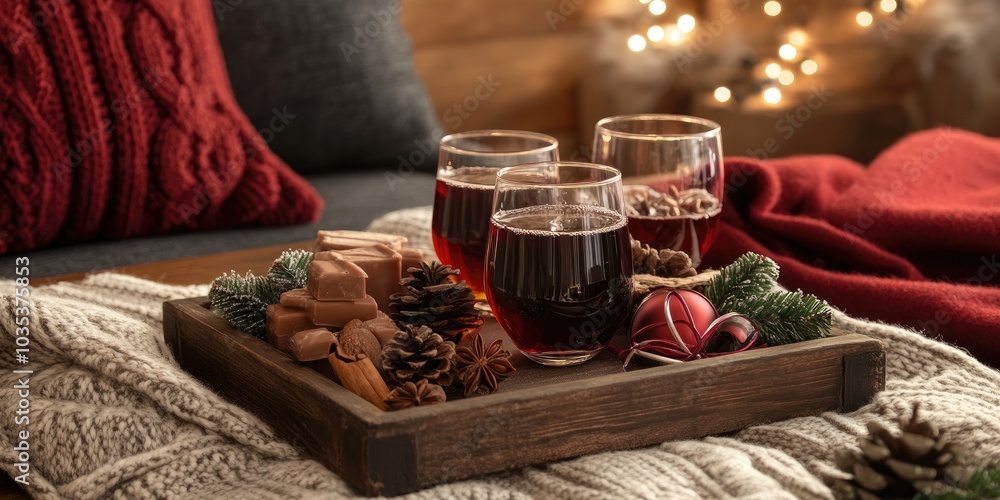 A beautifully presented tray of hot chocolate, spiced cider, and mulled wine, surrounded by holiday decor and warm blankets. A beautifully presented tray of hot chocolate, spiced cider, and mulled wine, surrounded by holiday decor and warm blankets.