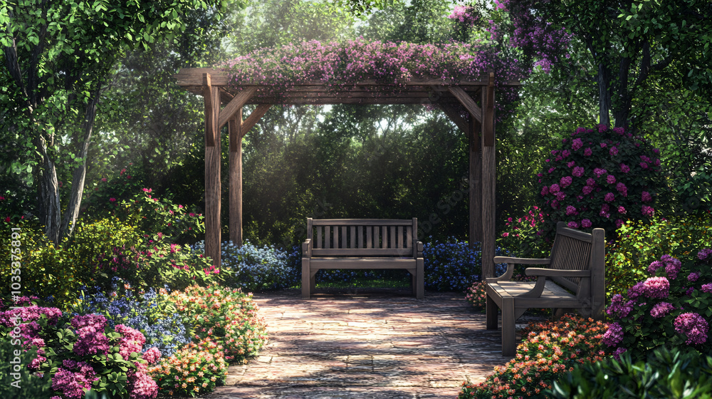 A cozy garden nook surrounded by flowering shrubs, perfect for relaxation and contemplation. A cozy garden nook surrounded by flowering shrubs, perfect for relaxation and contemplation.
