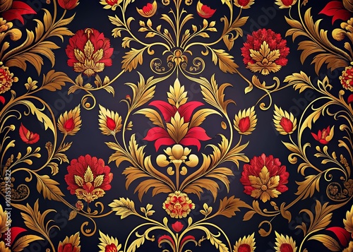 Elegant Gold and Red Floral Pattern on Dark Background for Luxury Decor and Design