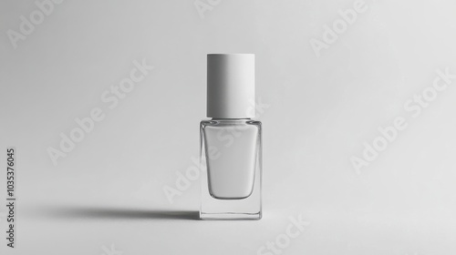 Nail polish bottle with clear cap on a pristine white background, focus on stylish design and simplicity, dynamic minimalism