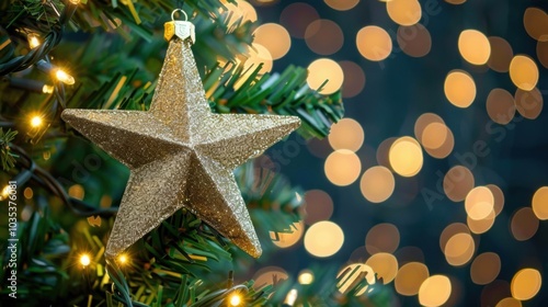 Sparkling Star Ornament on Christmas Tree Branch