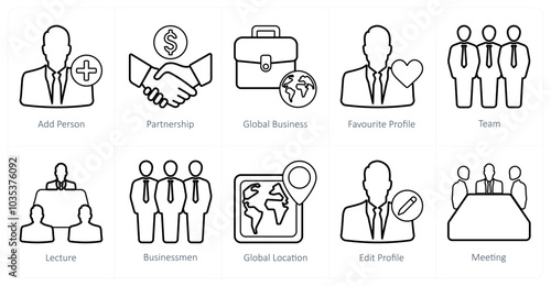A set of 10 mix icons as add person, partnership, global business