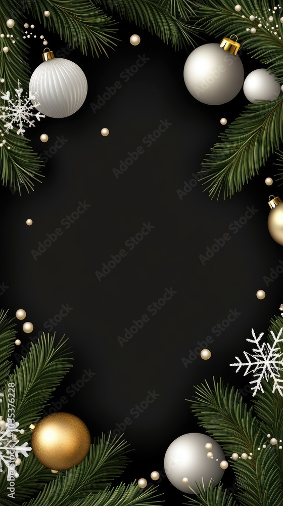 A festive arrangement of dark blue spruce branches and sparkling Christmas ornaments rests on a black backdrop, perfect for mobile use A festive arrangement of dark blue spruce branches and sparkling Christmas ornaments rests on a black backdrop, perfect for mobile use