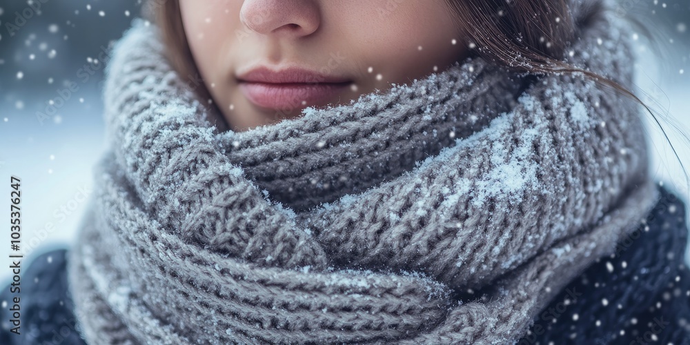 A close-up of a woman wearing a chunky knit winter scarf, with snowflakes falling around her and a soft winter landscape in the background. A close-up of a woman wearing a chunky knit winter scarf, with snowflakes falling around her and a soft winter landscape in the background.