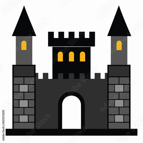 Medieval black castle with gates, stone brick walls vector on white background