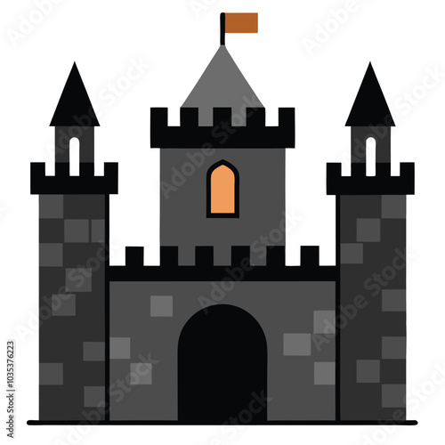 Medieval black castle with gates, stone brick walls vector on white background