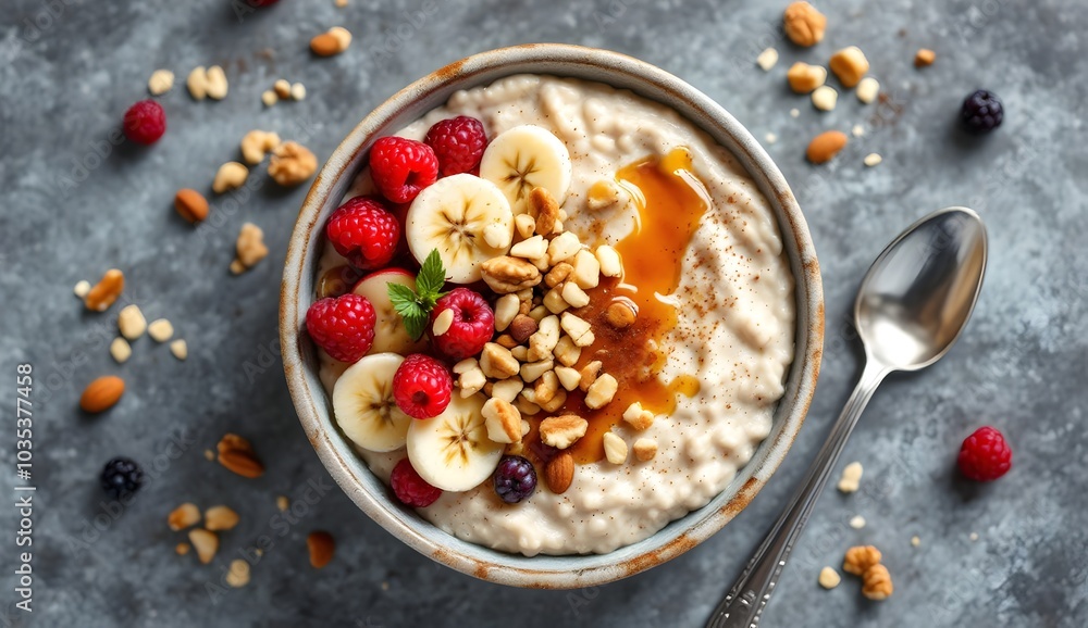Vegan Oatmeal Topped with Fresh Berries, Bananas, and Nuts (Vegan Cuisine) Vegan Oatmeal Topped with Fresh Berries, Bananas, and Nuts (Vegan Cuisine)