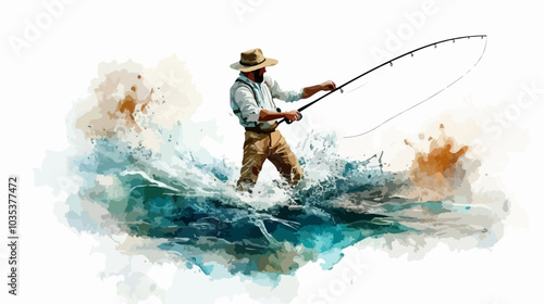 Illustration of a fisherman catching fish. Fishing.