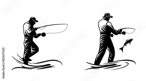 Illustration of a fisherman catching fish. Fishing.