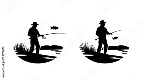 Illustration of a fisherman catching fish. Fishing.
