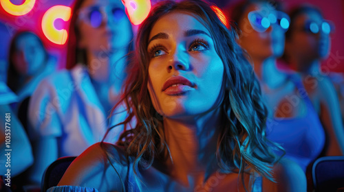 Young woman joyfully in a movie theater during an evening screening, A night at the movies.