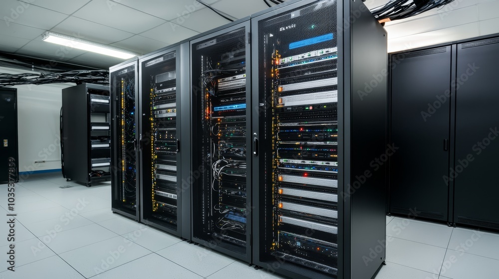 Contemporary data center interior featuring server racks and telecommunication equipment, highlighting advanced network and internet communication technology for efficient digital operations Contemporary data center interior featuring server racks and telecommunication equipment, highlighting advanced network and internet communication technology for efficient digital operations