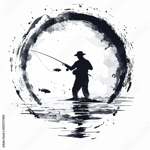 Illustration of a fisherman catching fish. Fishing.