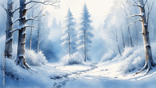 Snowy winter forest scene in watercolor style with soft blue tones representing serene nature